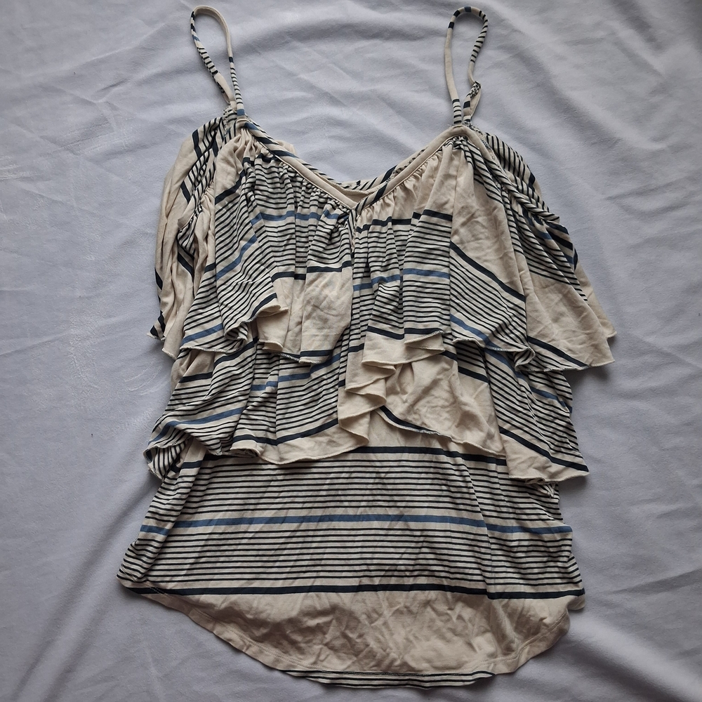 Chaser Cream and Blue Striped Ruffle Tank Top